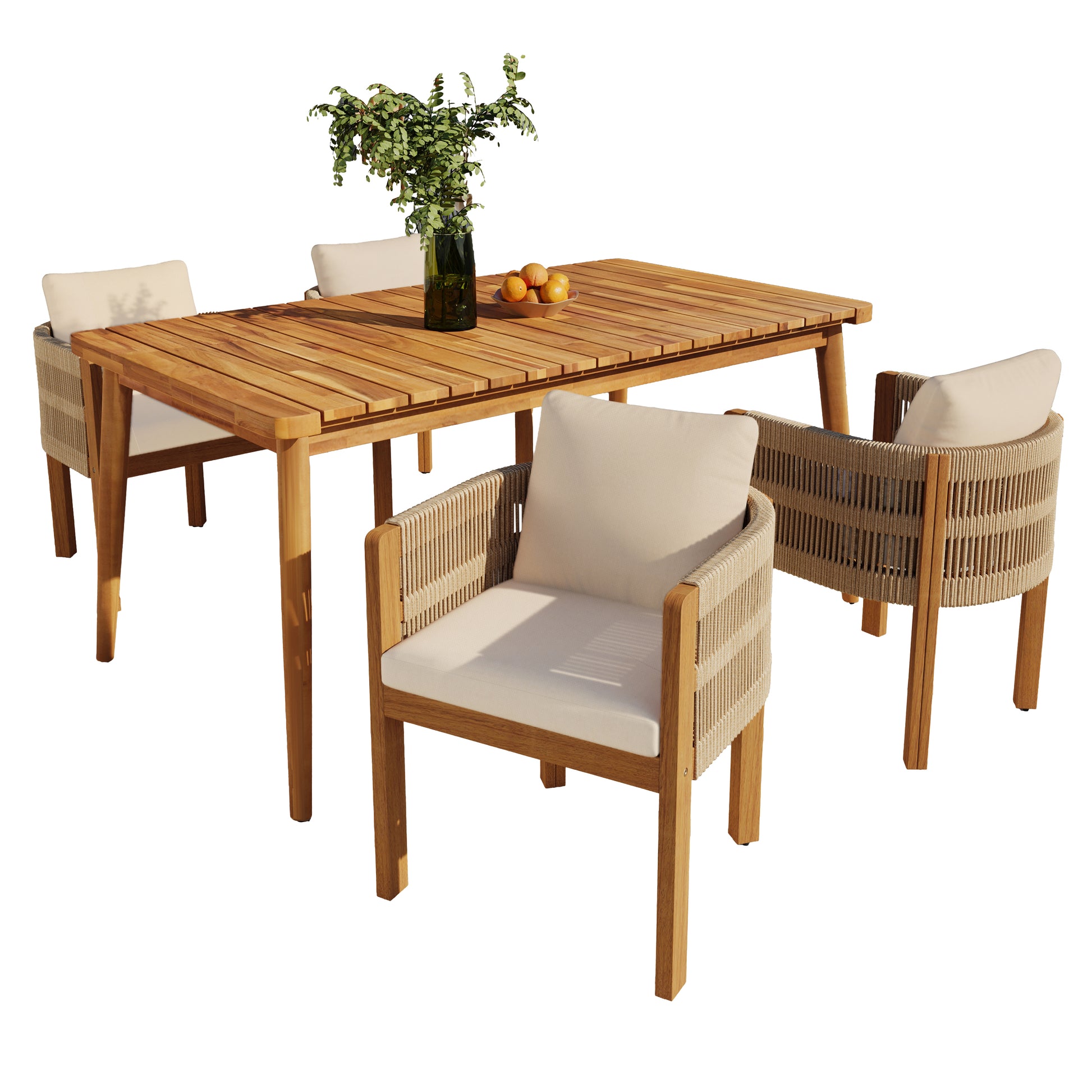 Outdoor Dining Set with Acacia Wood Table and 4 Chairs, Washable Waterproof Cushions, Slatted Tabletop for Patio Garden, Beige FredCo