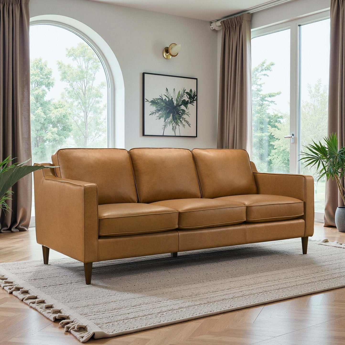 Cooper Mid Century Modern Tan Leather Sofa with Easy Maintenance and Solid Wood Frame FredCo