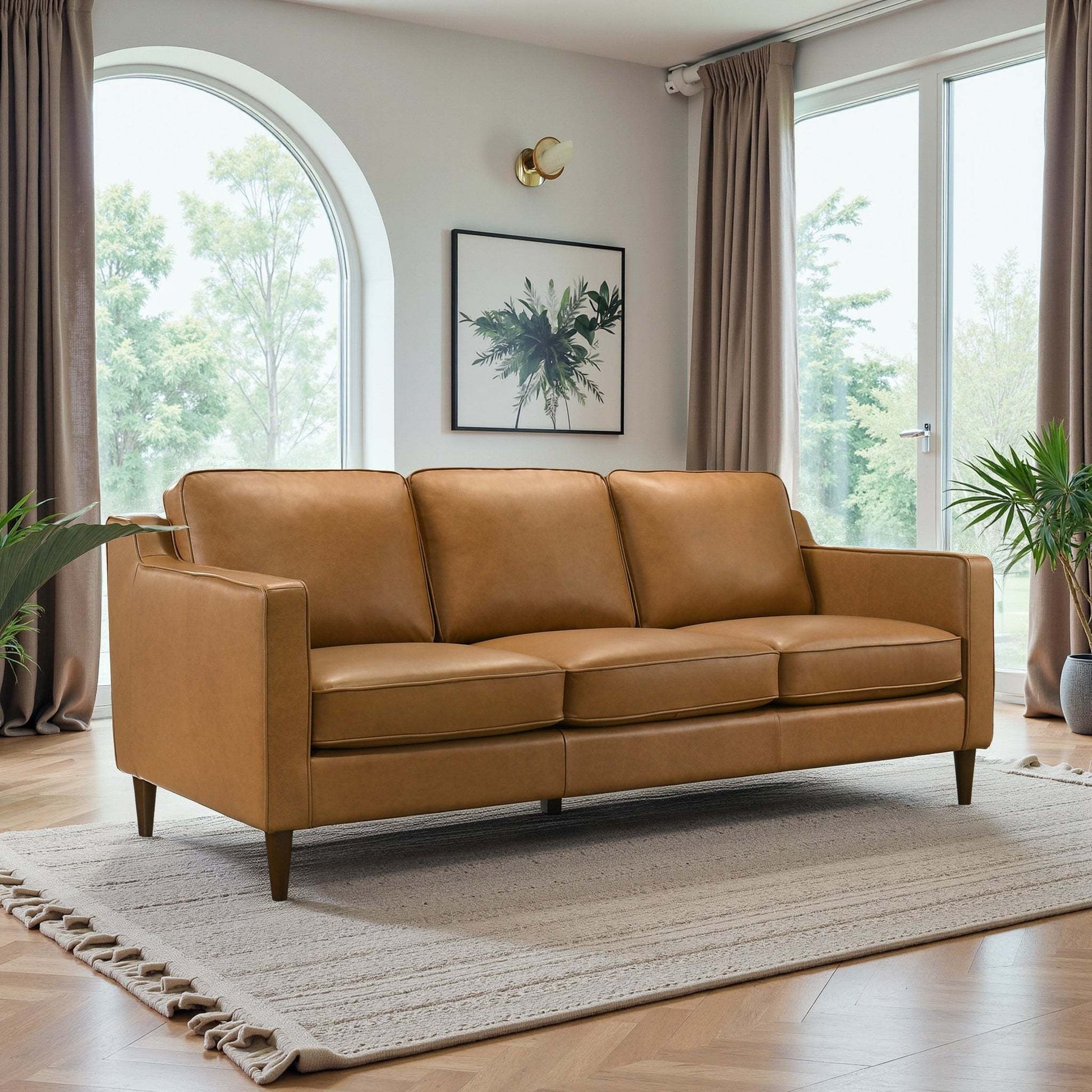 Cooper Mid Century Modern Tan Leather Sofa with Easy Maintenance and Solid Wood Frame FredCo