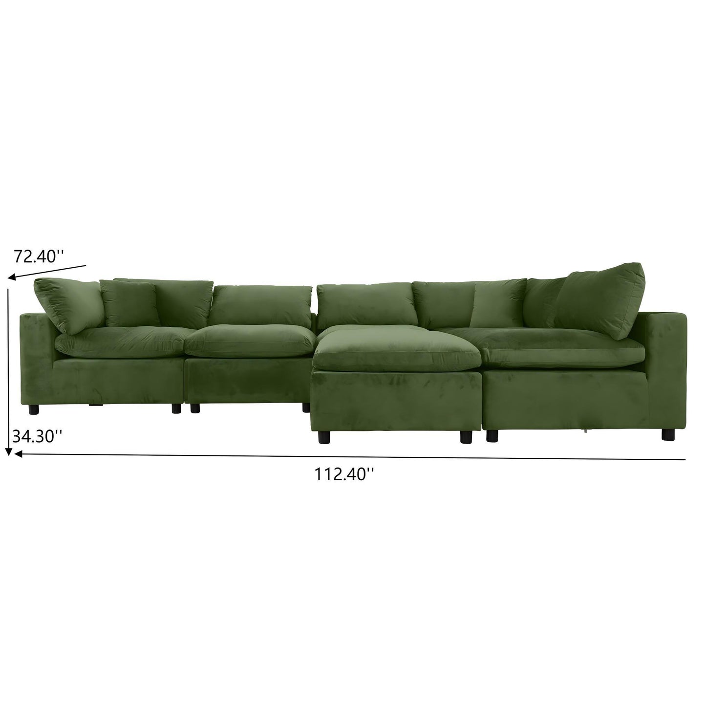 Green sectional sofa with plush cushions, shown with dimensions, modern home furniture