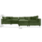 Green sectional sofa with plush cushions, shown with dimensions, modern home furniture