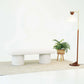 Modern white bench, potted plant, and floor lamp on patterned rug in minimalist room