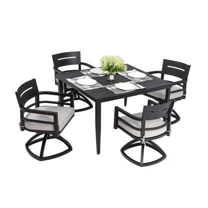 Modern Outdoor Patio Dining Set with 4 Swivel Rockers, Sunbrella Cushions, and 40' Square Table, Ember Black Aluminum