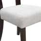 Close-up of modern dining chair with light gray upholstered seat and dark wood legs