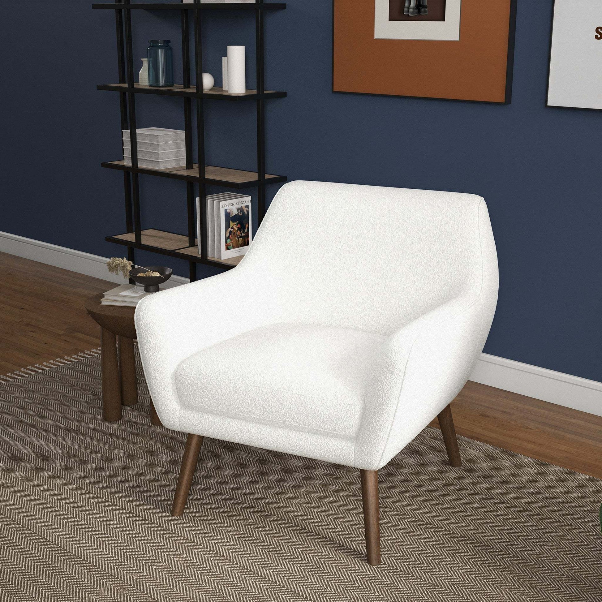 Modern white accent chair with wooden legs in stylish living room, FredCo International furniture