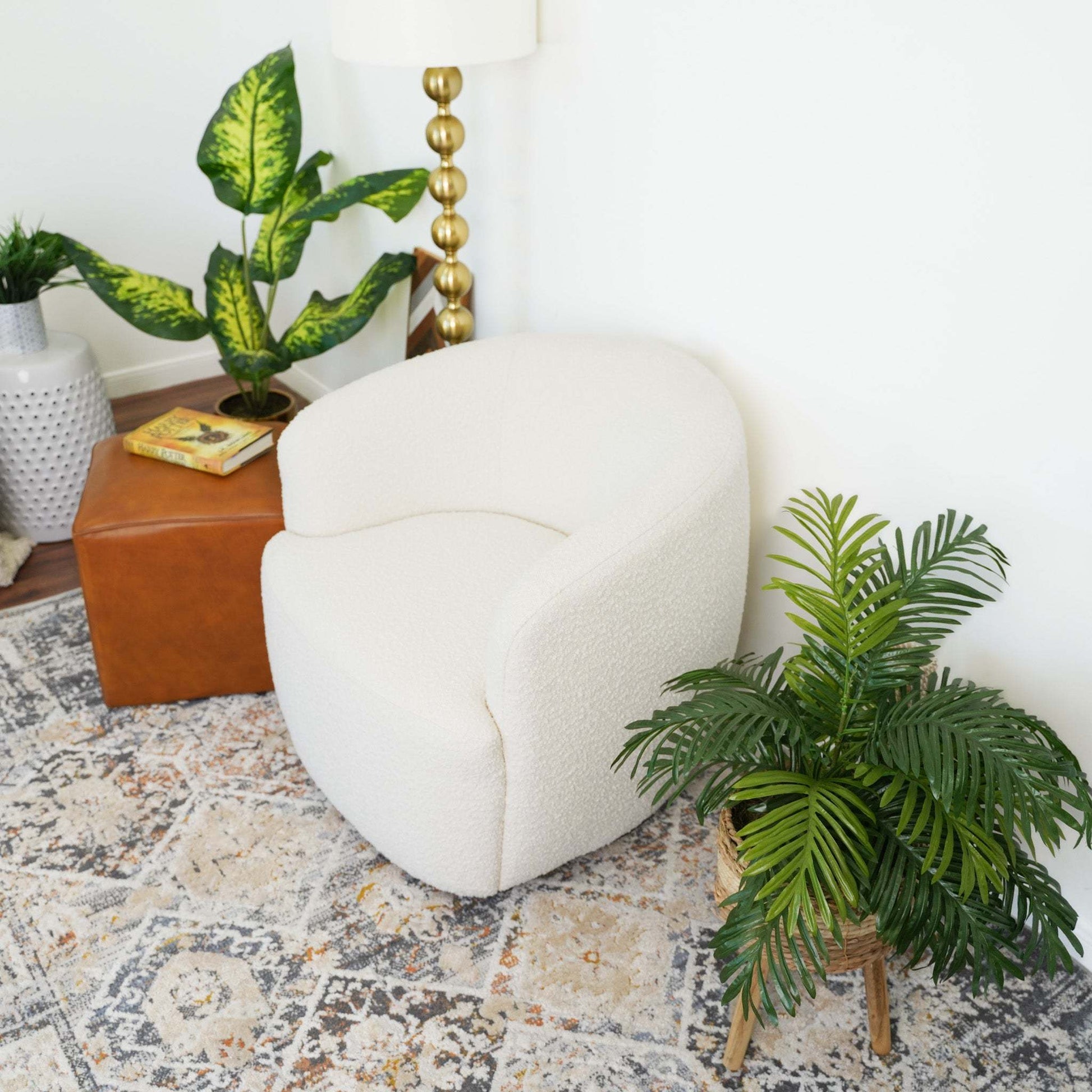 Mina Modern Boucle Swivel Chair with Sturdy Frame in White FredCo