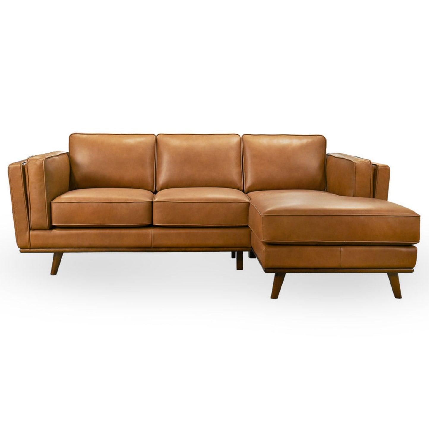 Modern brown leather sectional sofa with chaise, mid-century style, FredCo International furniture
