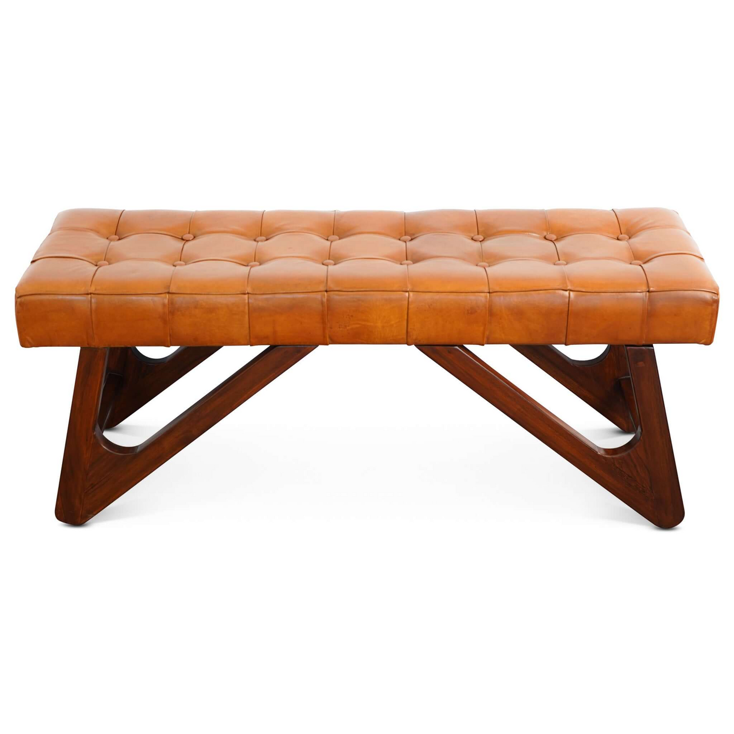 Mia Mid-Century Modern Tan Leather Bench with Buttons and Solid Wood Frame 18.9'H x 47.2'W x 15.7'D FredCo