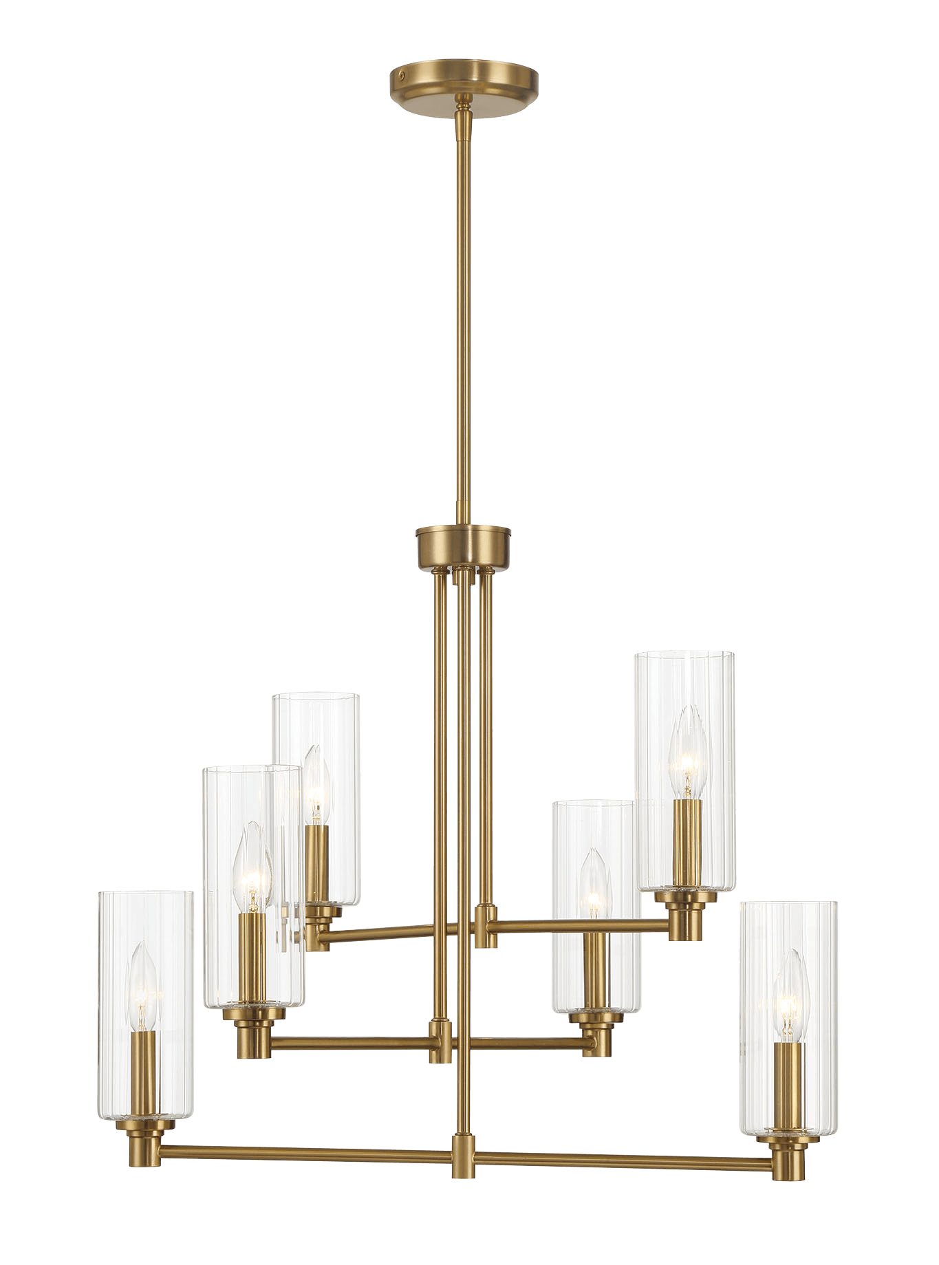 Modern gold chandelier with six clear glass shades, ideal for dining or living room decor