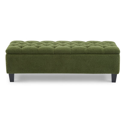 Ottoman Bench with Storage, Green Boucle Surface, Rubber Wood Legs, 300 lbs Capacity