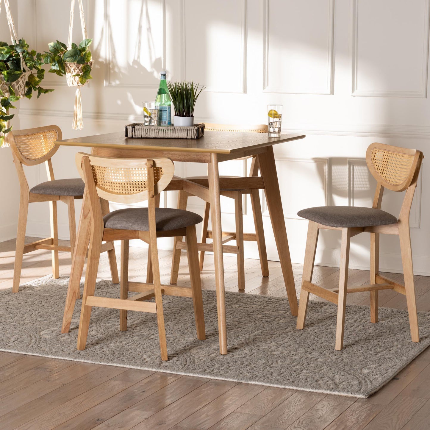 Dannell Mid-Century Modern Grey Fabric and Natural Oak Finished Wood 5-Piece Pub Set FredCo