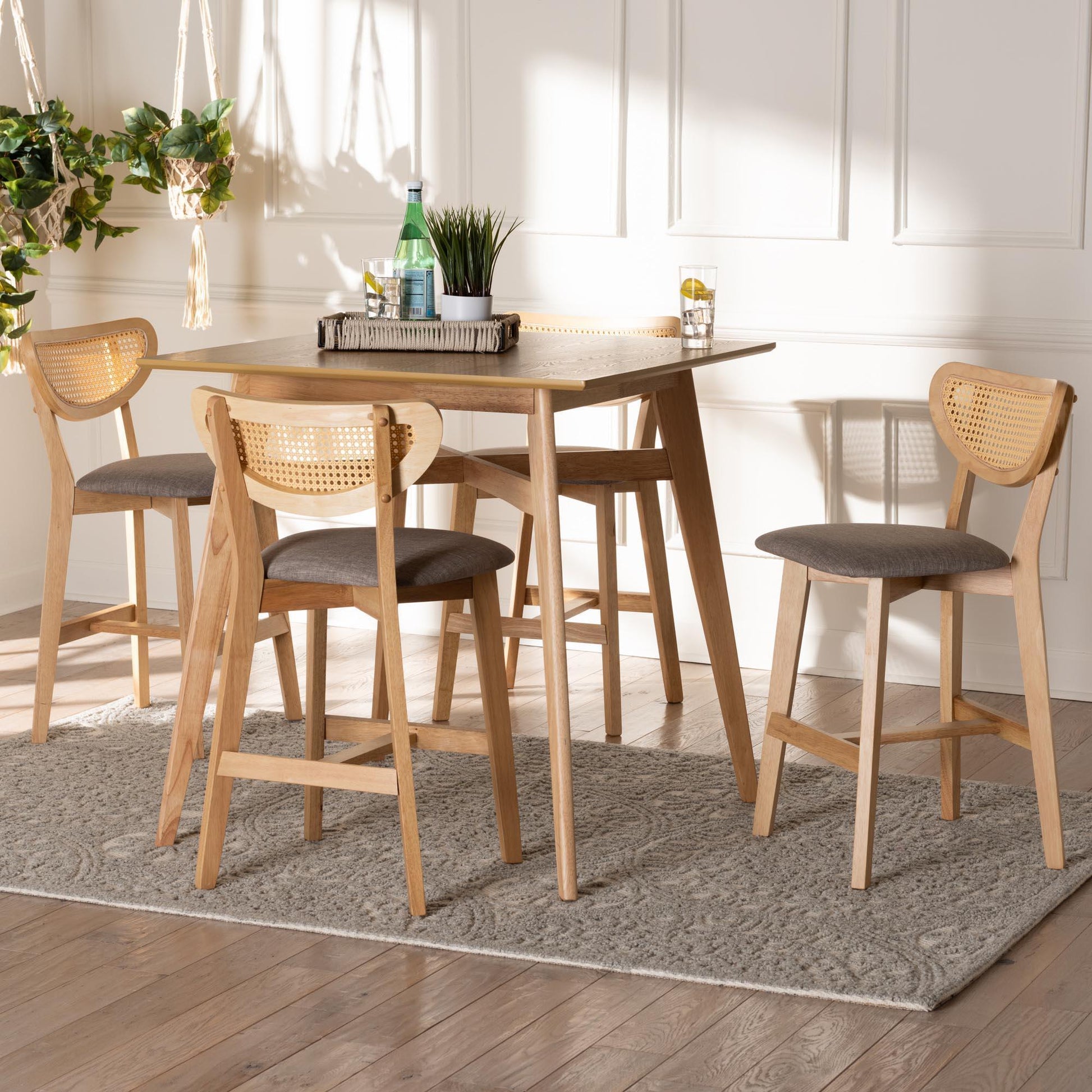 Dannell Mid-Century Modern Grey Fabric and Natural Oak Finished Wood 5-Piece Pub Set FredCo