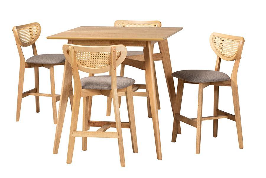 Dannell Mid-Century Modern Grey Fabric and Natural Oak Finished Wood 5-Piece Pub Set FredCo