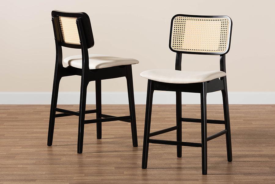 Dannon Mid-Century Modern Cream Fabric and Black Finished Wood 2-Piece Counter Stool Set FredCo