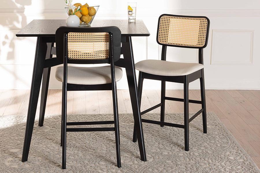 Dannon Mid-Century Modern Cream Fabric and Black Finished Wood 2-Piece Counter Stool Set FredCo