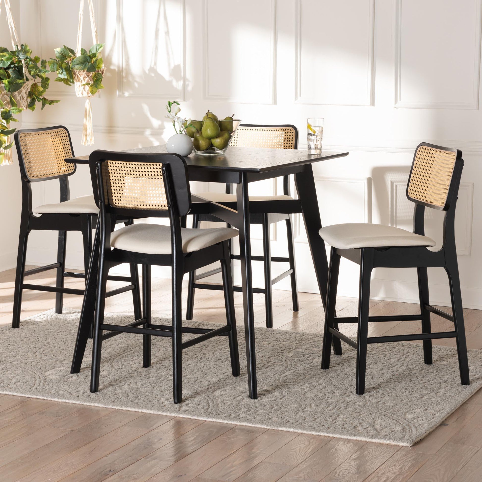 Dannon Mid-Century Modern Cream Fabric and Black Finished Wood 5-Piece Pub Set FredCo