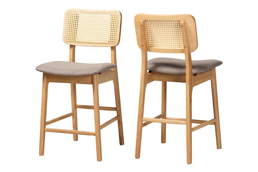 Dannon Mid-Century Modern Grey Fabric and Natural Oak Finished Wood 2-Piece Counter Stool Set FredCo
