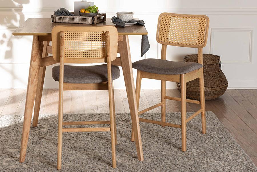 Dannon Mid-Century Modern Grey Fabric and Natural Oak Finished Wood 2-Piece Counter Stool Set FredCo