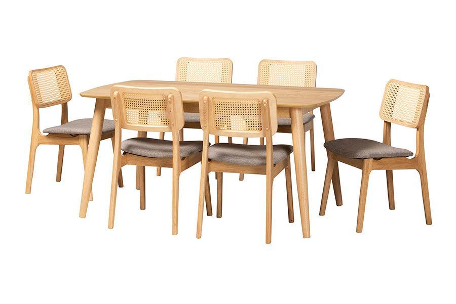 Dannon Mid-Century Modern Grey Fabric and Natural Oak Finished Wood 7-Piece Dining Set FredCo