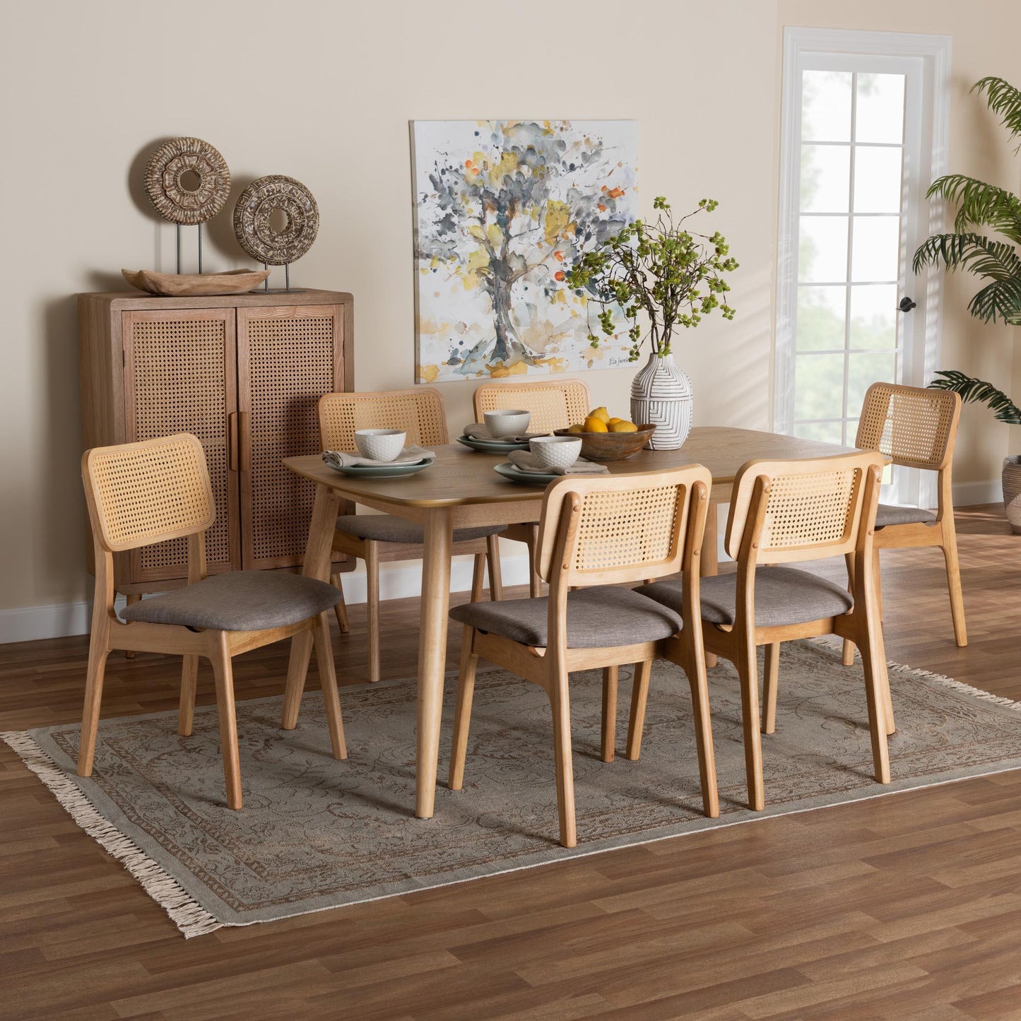 Dannon Mid-Century Modern Grey Fabric and Natural Oak Finished Wood 7-Piece Dining Set FredCo