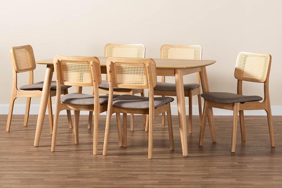Dannon Mid-Century Modern Grey Fabric and Natural Oak Finished Wood 7-Piece Dining Set FredCo