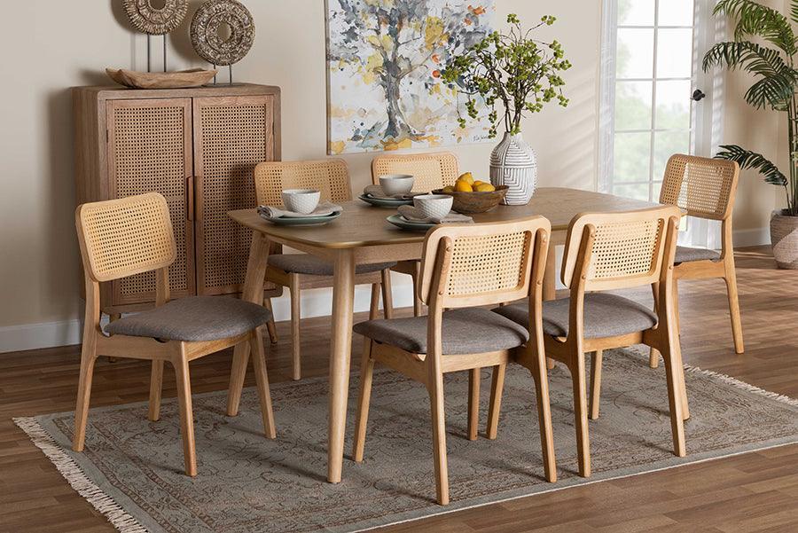 Dannon Mid-Century Modern Grey Fabric and Natural Oak Finished Wood 7-Piece Dining Set FredCo