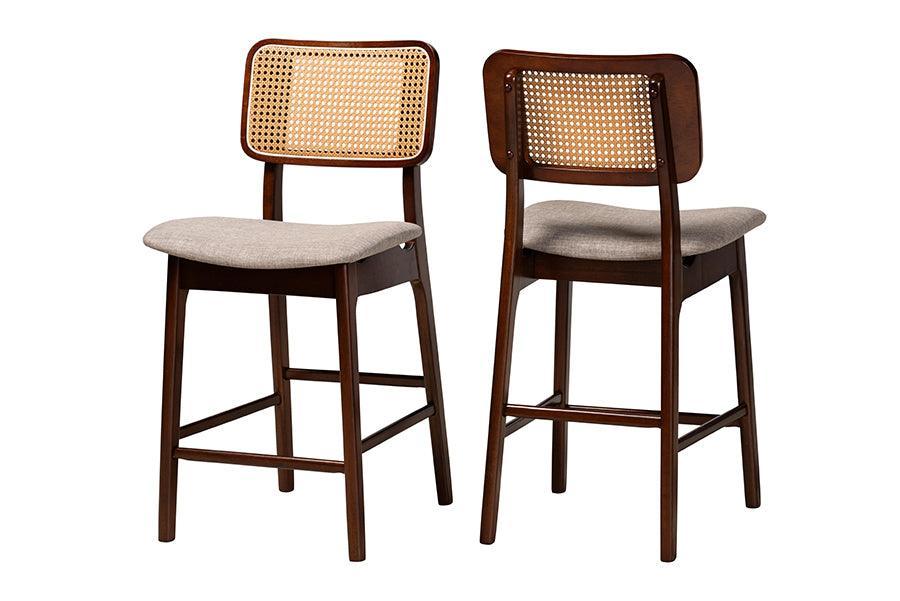 Dannon Mid-Century Modern Grey Fabric and Walnut Brown Finished Wood 2-Piece, Counter Stool Set FredCo