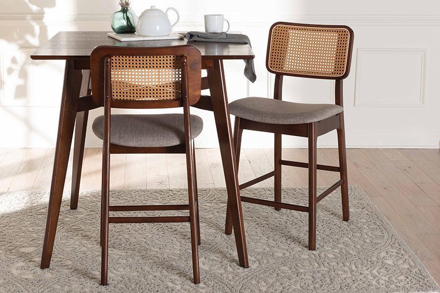 Dannon Mid-Century Modern Grey Fabric and Walnut Brown Finished Wood 2-Piece, Counter Stool Set FredCo