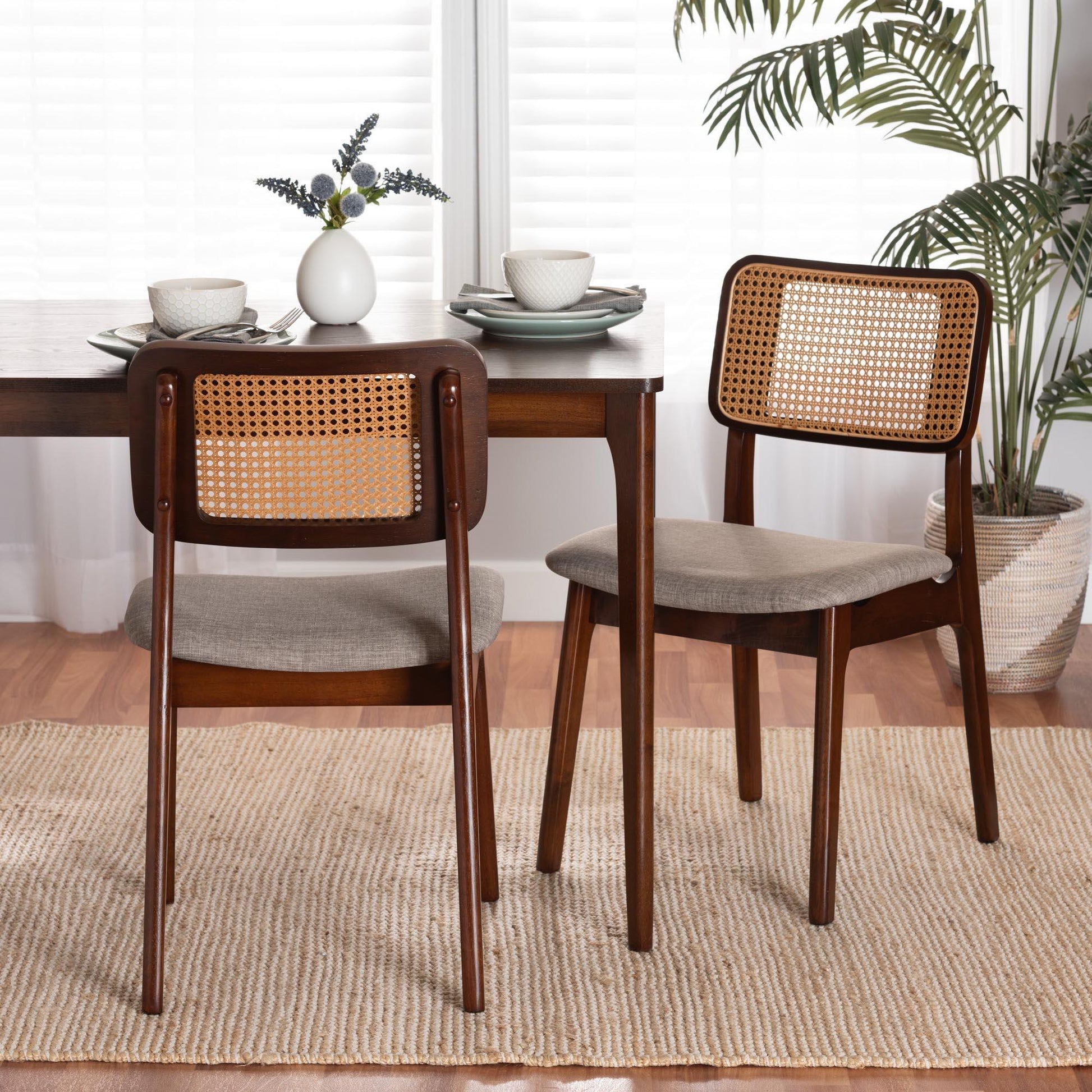 Dannon Mid-Century Modern Grey Fabric and Walnut Brown Finished Wood 2-Piece Dining Chair Set FredCo