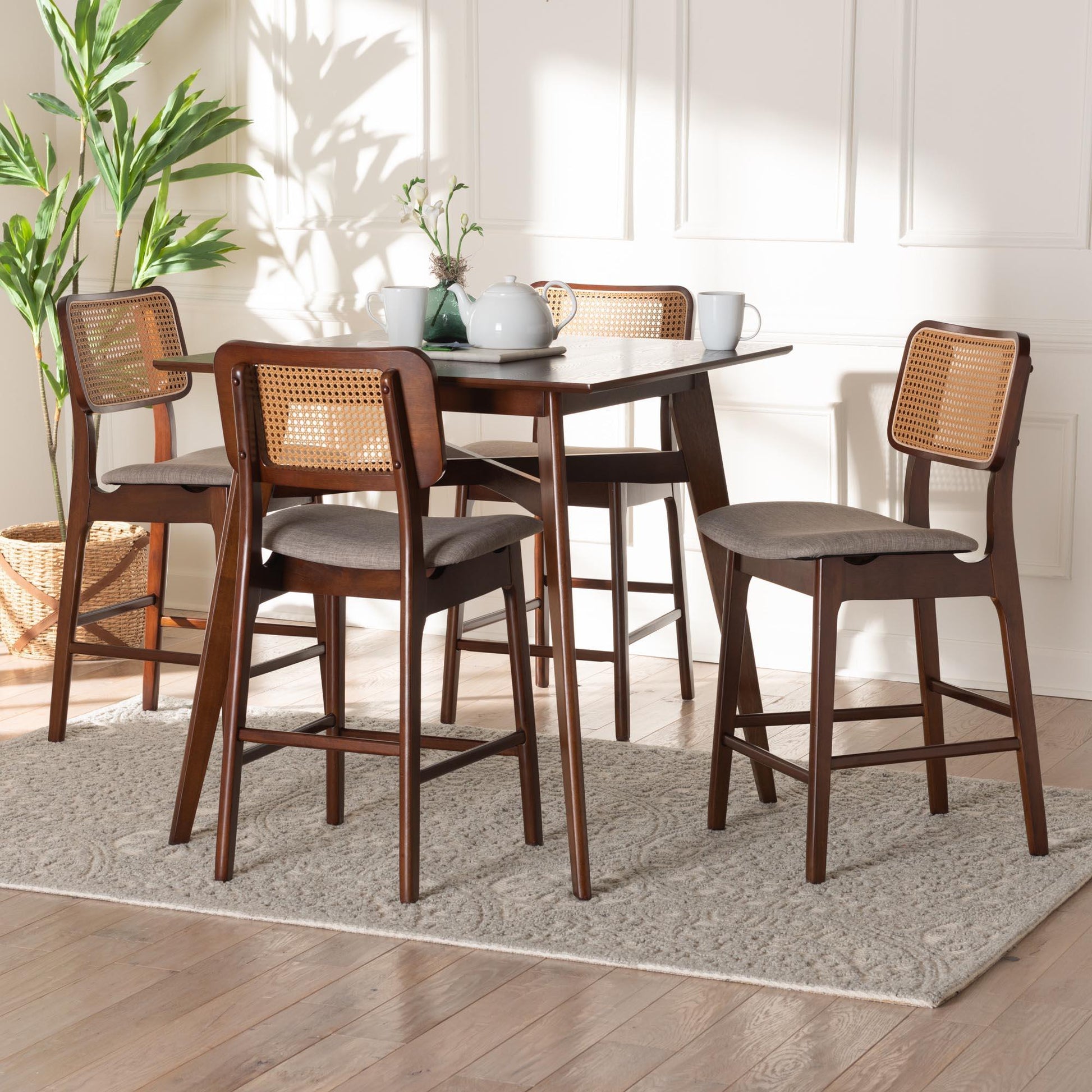 Dannon Mid-Century Modern Grey Fabric and Walnut Brown Finished Wood 5-Piece Pub Set FredCo