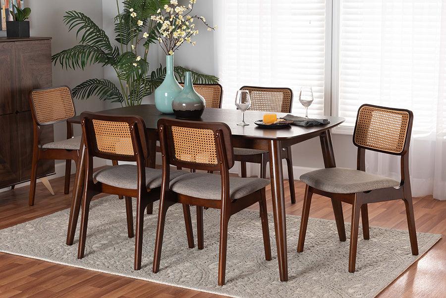 Dannon Mid-Century Modern Grey Fabric and Walnut Brown Finished Wood 7-Piece Dining Set FredCo