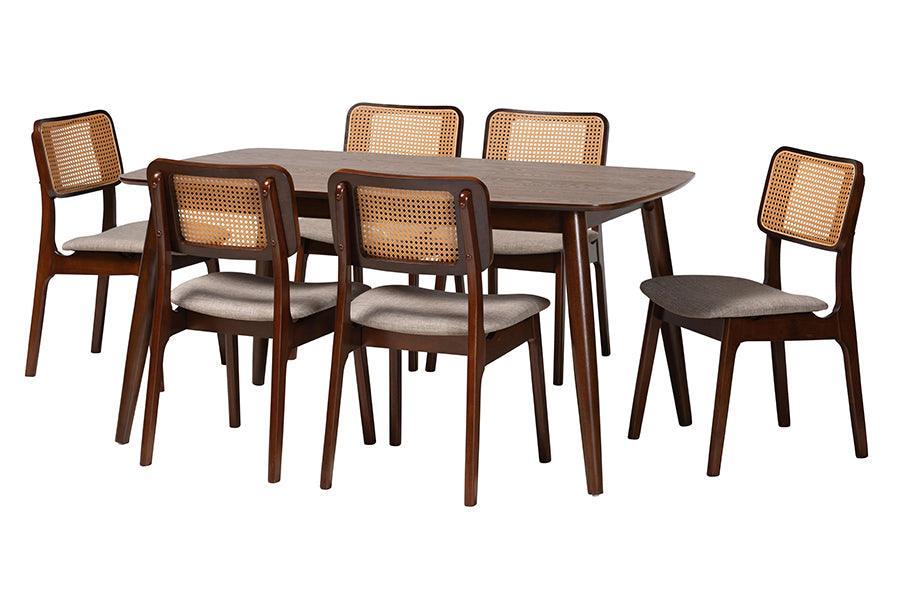 Dannon Mid-Century Modern Grey Fabric and Walnut Brown Finished Wood 7-Piece Dining Set FredCo