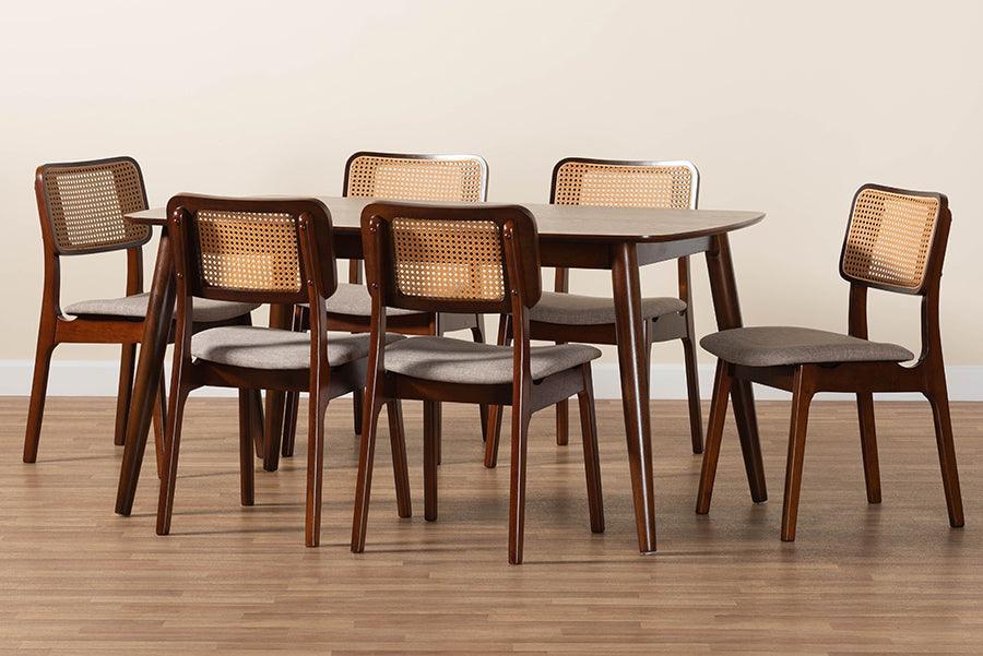 Dannon Mid-Century Modern Grey Fabric and Walnut Brown Finished Wood 7-Piece Dining Set FredCo