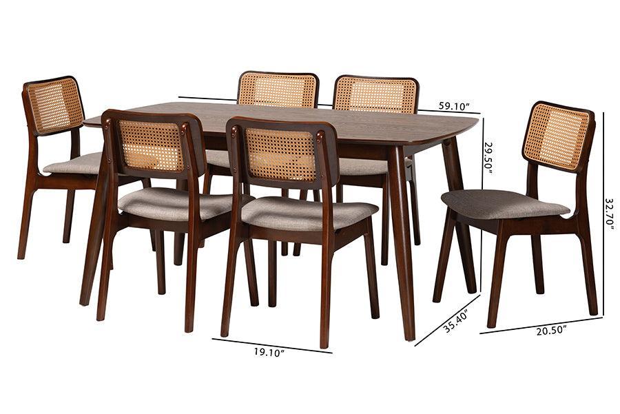 Dannon Mid-Century Modern Grey Fabric and Walnut Brown Finished Wood 7-Piece Dining Set FredCo
