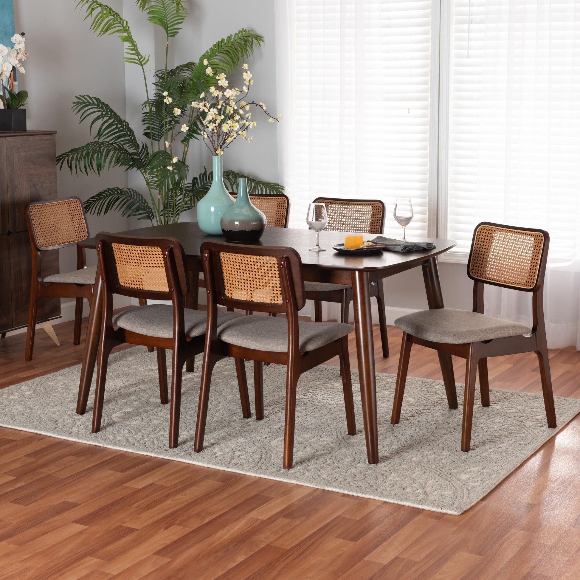 Dannon Mid-Century Modern Grey Fabric and Walnut Brown Finished Wood 7-Piece Dining Set FredCo