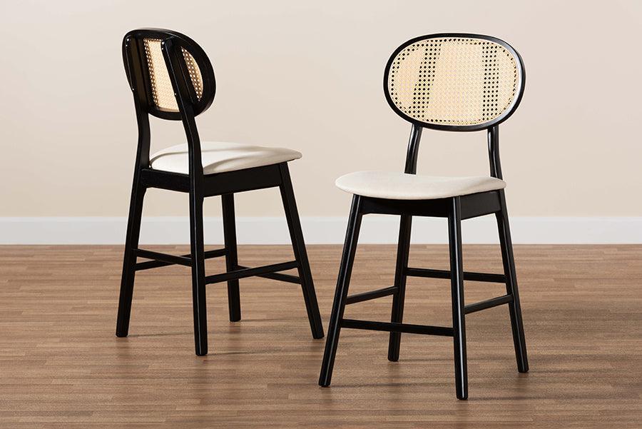 Darrion Mid-Century Modern Cream Fabric and Black Finished Wood 2-Piece Counter Stool Set FredCo