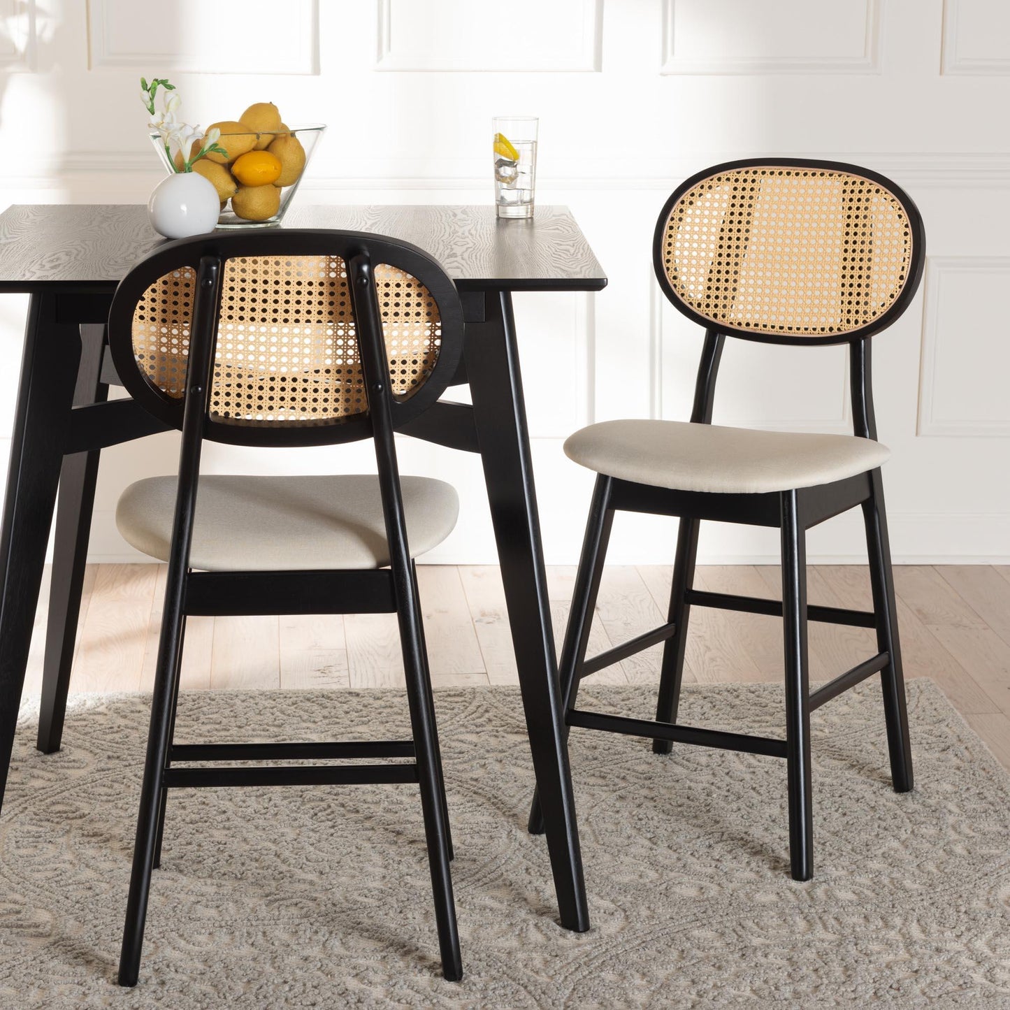 Darrion Mid-Century Modern Cream Fabric and Black Finished Wood 2-Piece Counter Stool Set FredCo