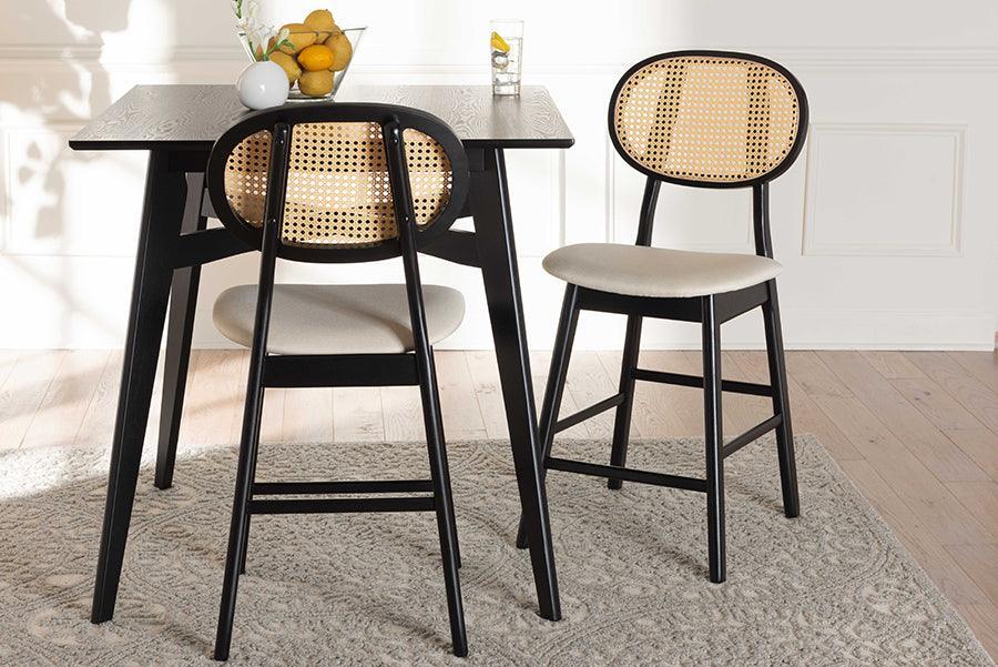 Darrion Mid-Century Modern Cream Fabric and Black Finished Wood 2-Piece Counter Stool Set FredCo
