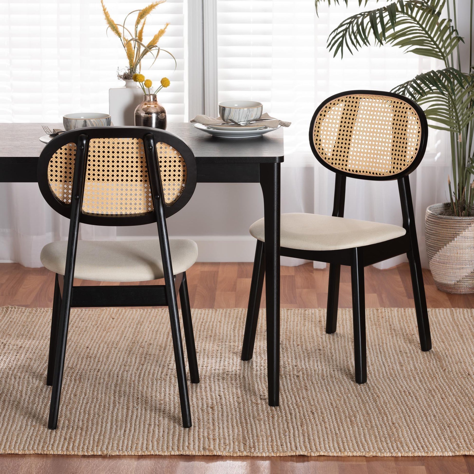 Darrion Mid-Century Modern Cream Fabric and Black Finished Wood 2-Piece Dining Chair Set FredCo