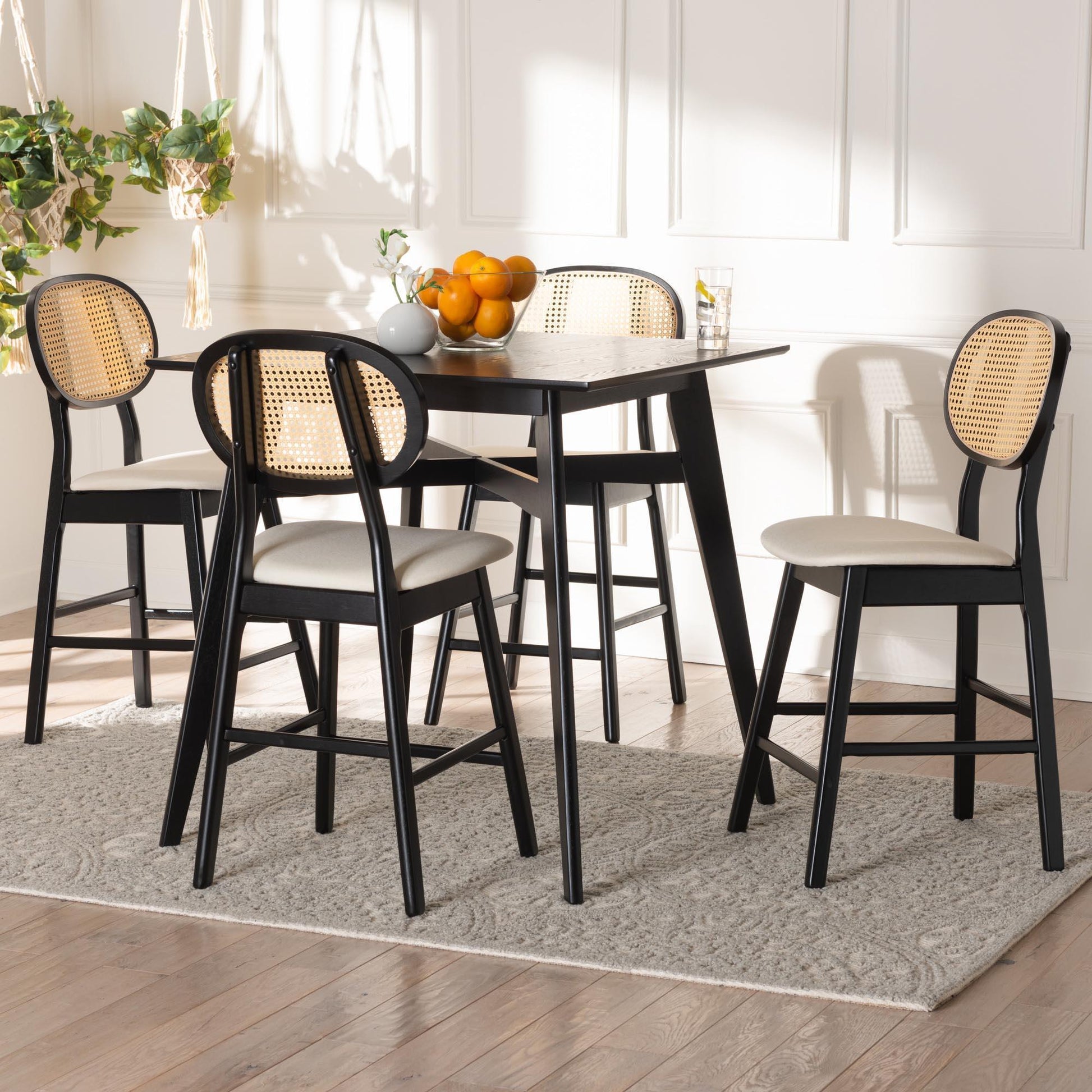 Darrion Mid-Century Modern Cream Fabric and Black Finished Wood 5-Piece Pub set FredCo
