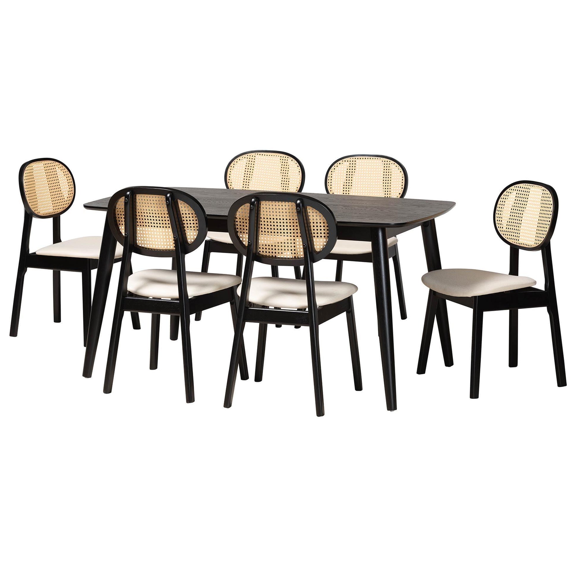 Darrion Mid-Century Modern Cream Fabric and Black Finished Wood 7-Piece Dining Set FredCo