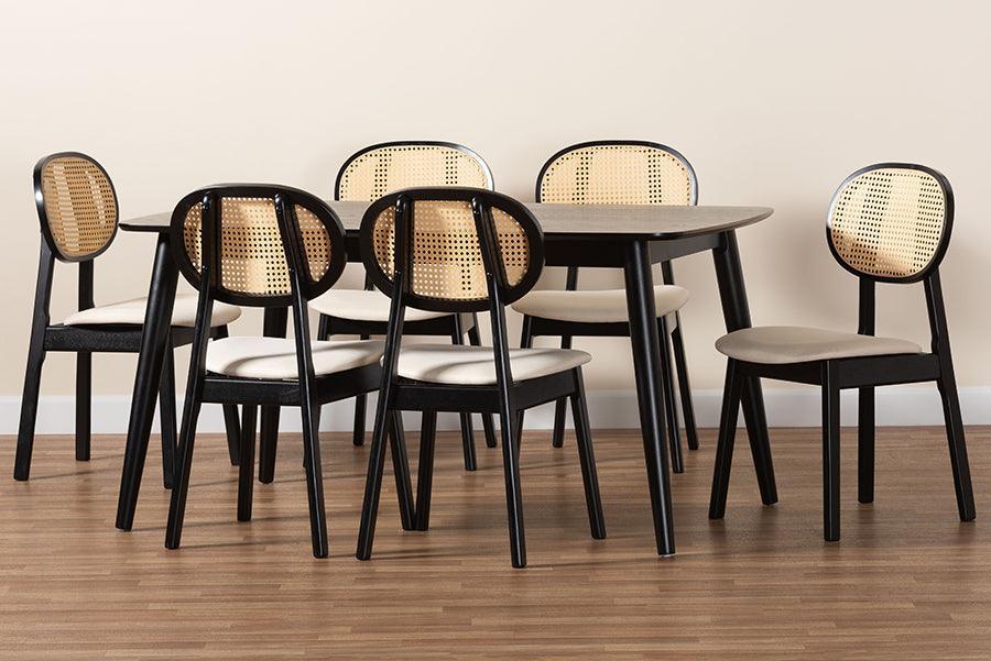 Darrion Mid-Century Modern Cream Fabric and Black Finished Wood 7-Piece Dining Set FredCo