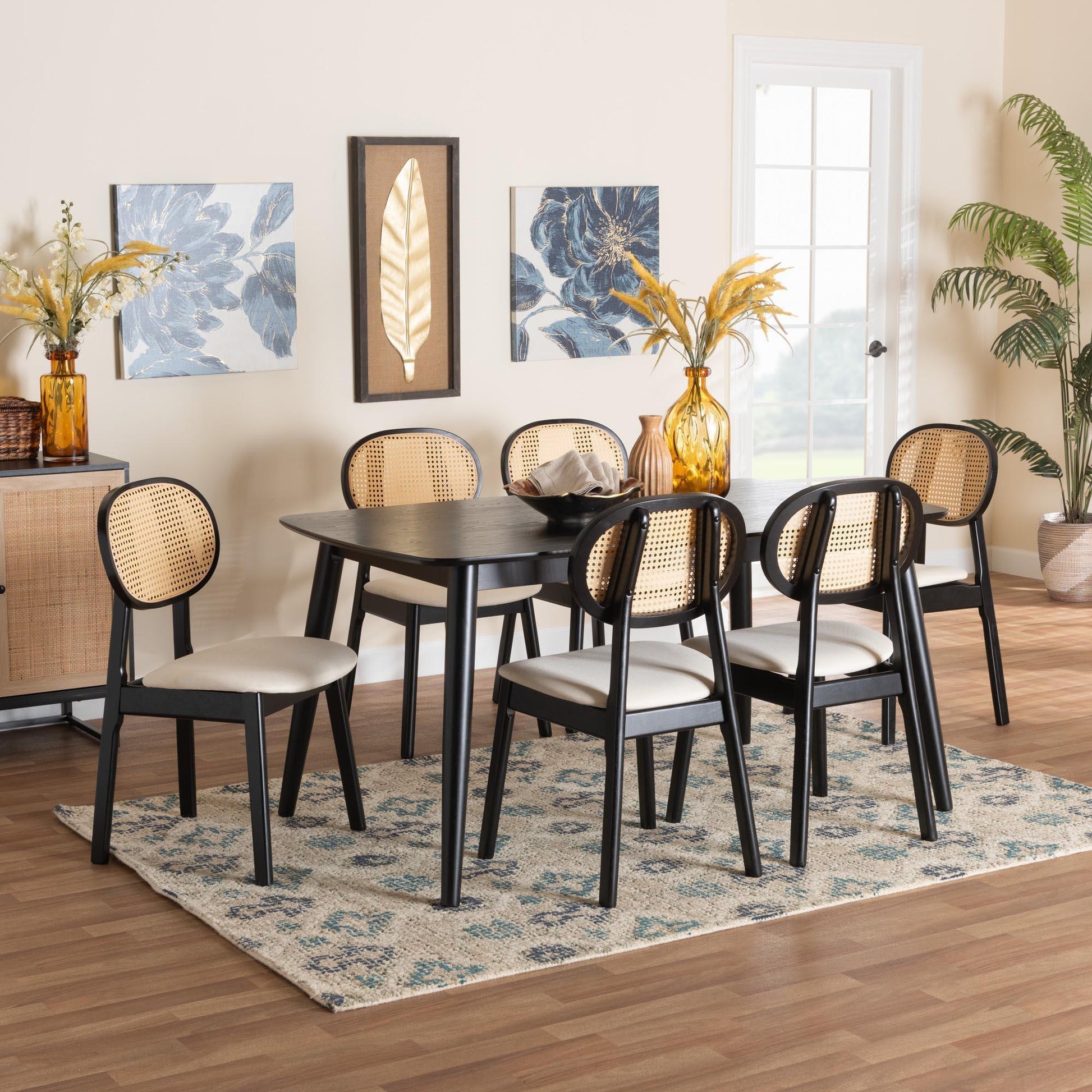 Darrion Mid-Century Modern Cream Fabric and Black Finished Wood 7-Piece Dining Set FredCo