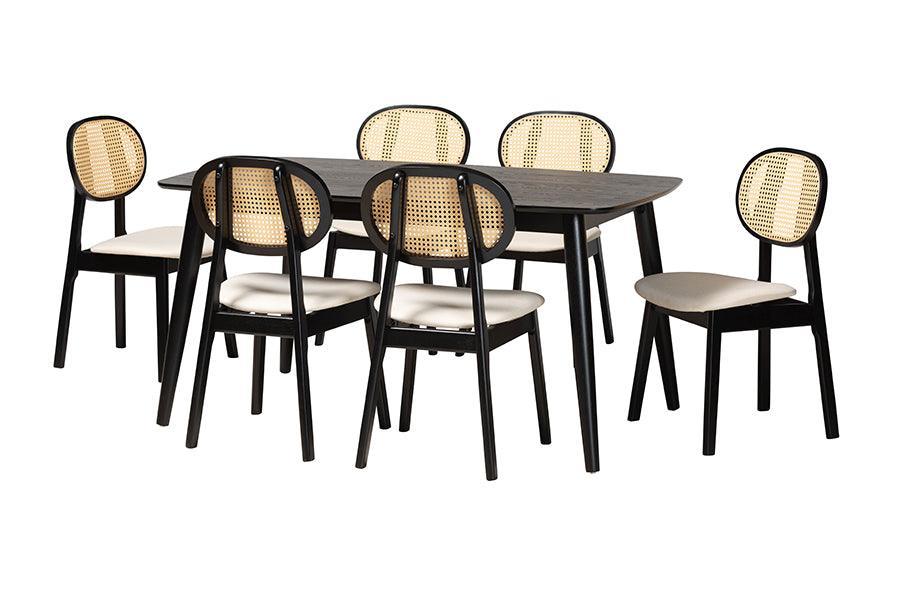Darrion Mid-Century Modern Cream Fabric and Black Finished Wood 7-Piece Dining Set FredCo