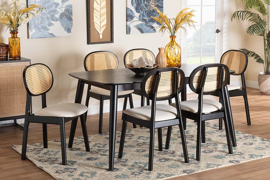 Darrion Mid-Century Modern Cream Fabric and Black Finished Wood 7-Piece Dining Set FredCo