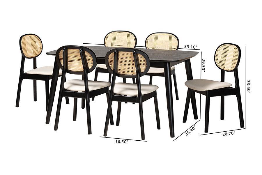 Darrion Mid-Century Modern Cream Fabric and Black Finished Wood 7-Piece Dining Set FredCo