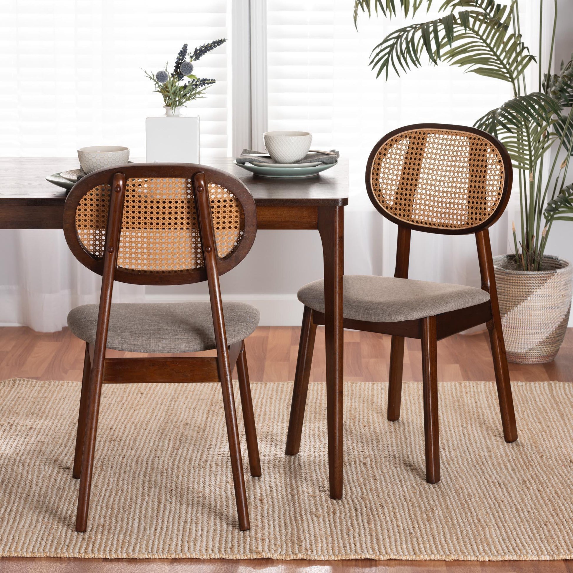 Darrion Mid-Century Modern Grey Fabric and Walnut Brown Finished Wood 2-Piece Dining Chair Set FredCo