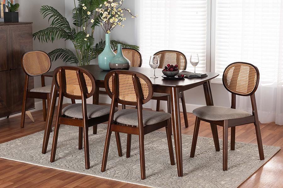 Darrion Mid-Century Modern Grey Fabric and Walnut Brown Finished Wood 7-Piece Dining Set FredCo