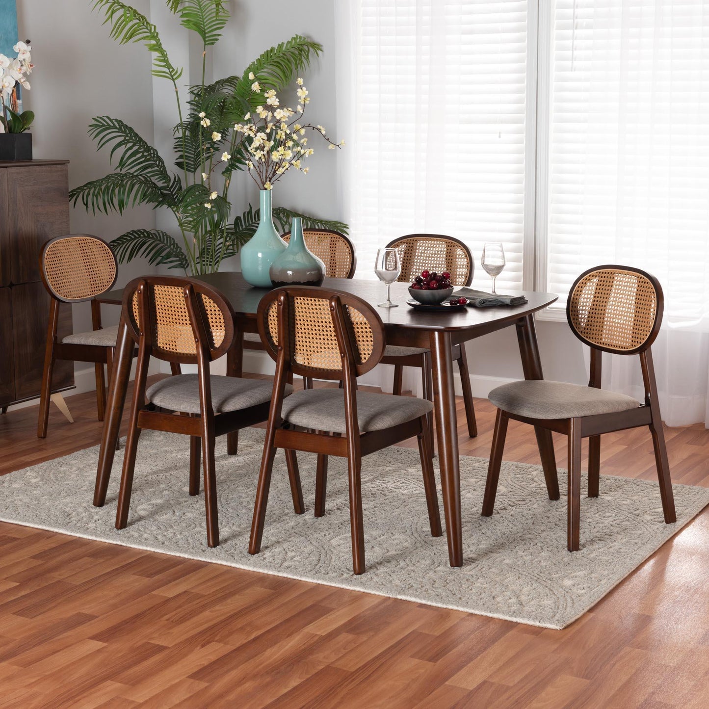 Darrion Mid-Century Modern Grey Fabric and Walnut Brown Finished Wood 7-Piece Dining Set FredCo