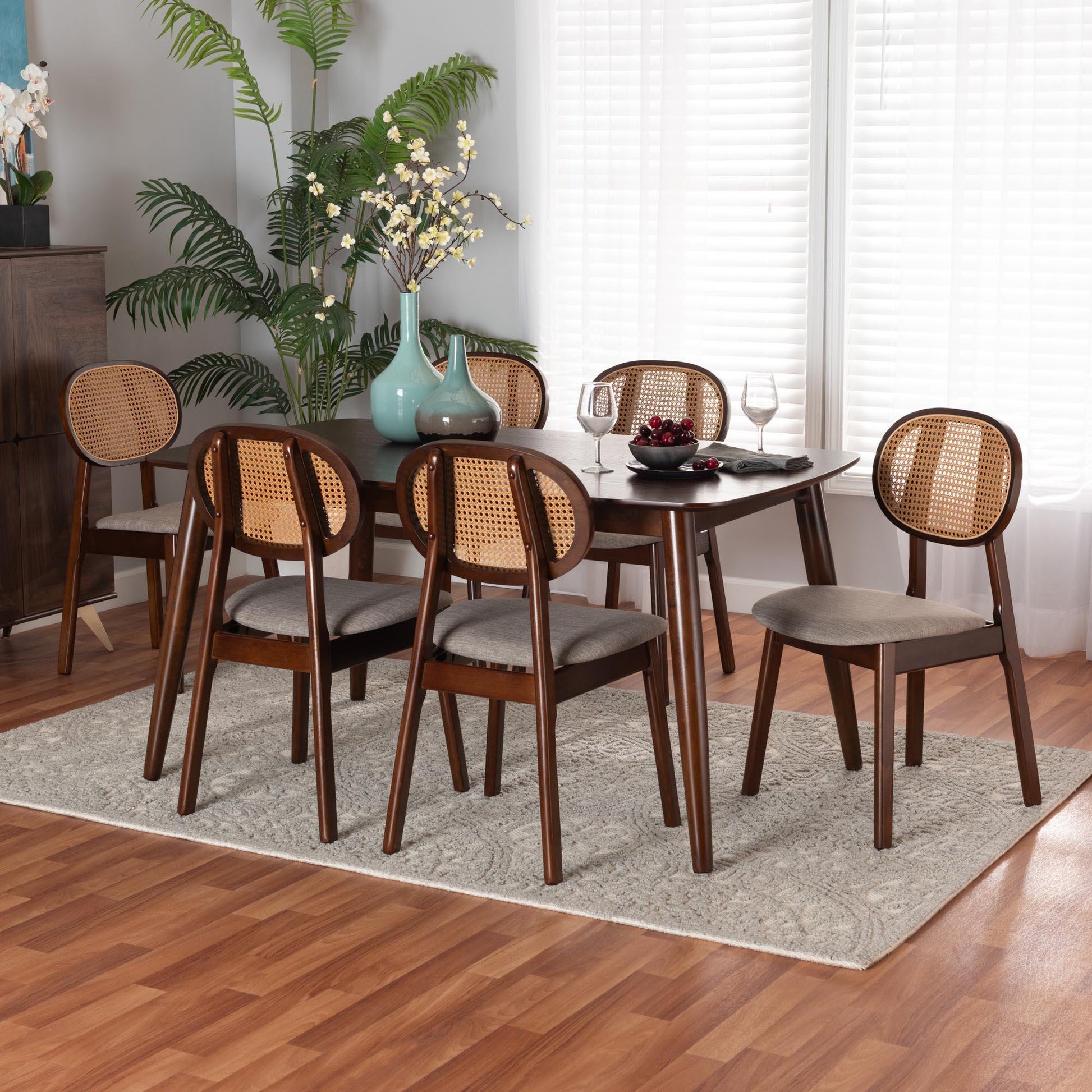 Darrion Mid-Century Modern Grey Fabric and Walnut Brown Finished Wood 7-Piece Dining Set FredCo